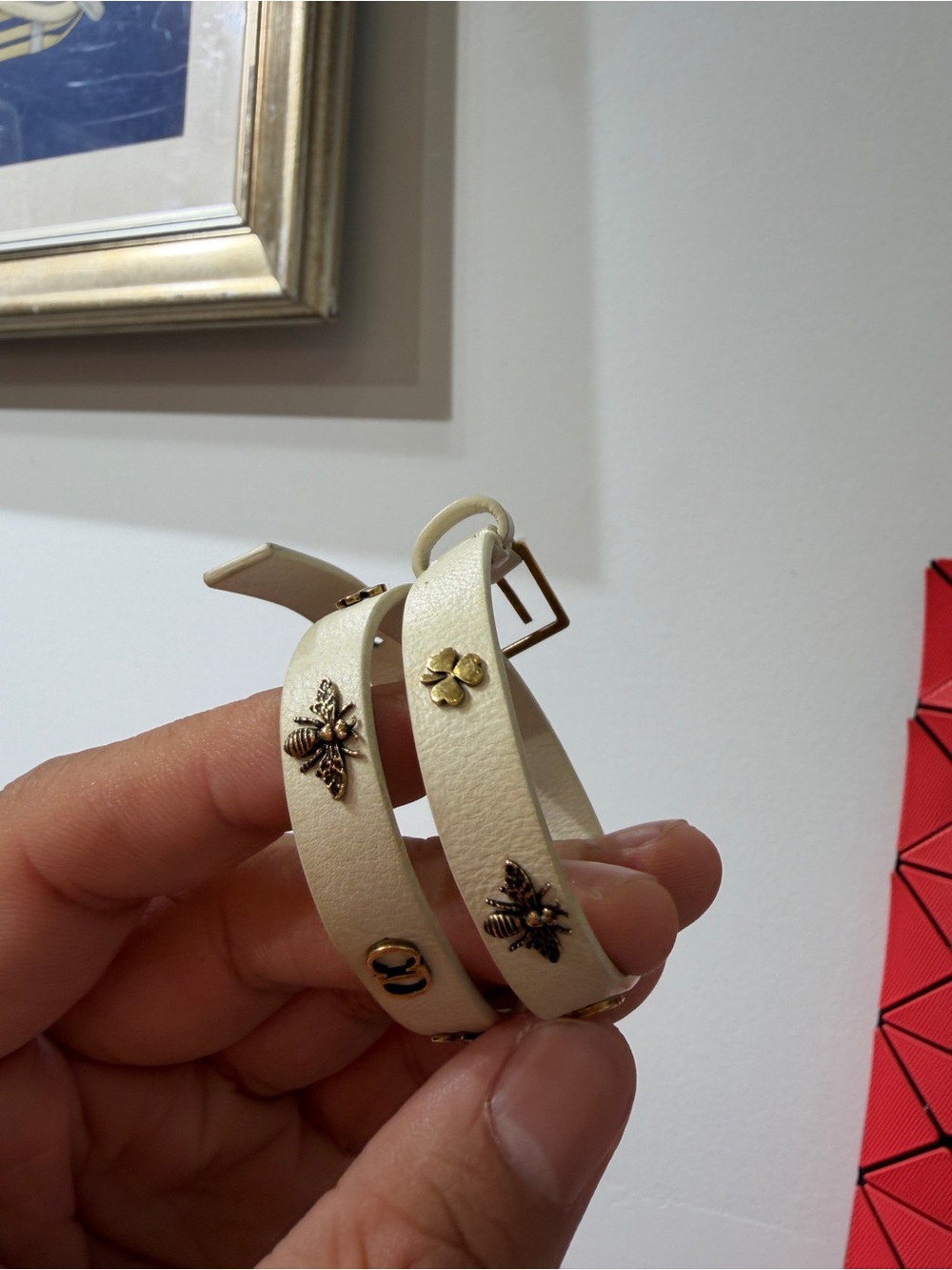 Dior Cream Double-Wrap Leather Bracelet with Gold Bee & Flower Studs